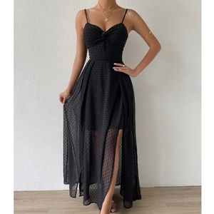 Black V-Neck Backless Maxi Dress Backless, Tie Back, Twist Front Swiss Dot